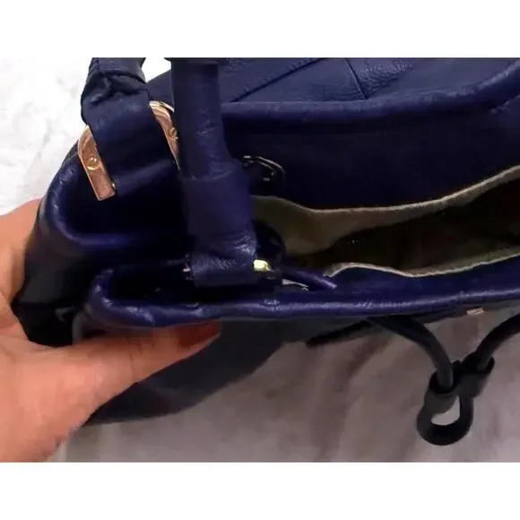 Tory Burch large blue leather bucket purse with gold accents - Picture 11 of 12